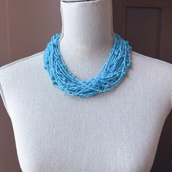 Vintage Multi Strand Blue Statement Glass Station Seed Bead Bib Collar Necklace - Picture 6 of 13